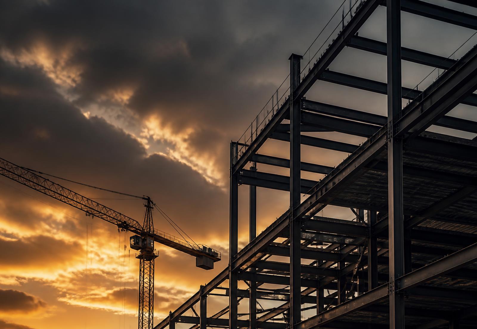 Steel building frame and crane at dusk